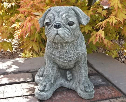 Realistic Pug Statue Concrete Dog Sculpture Black Pug Figurine Indoor Garden Decor Pet Memorial Figure