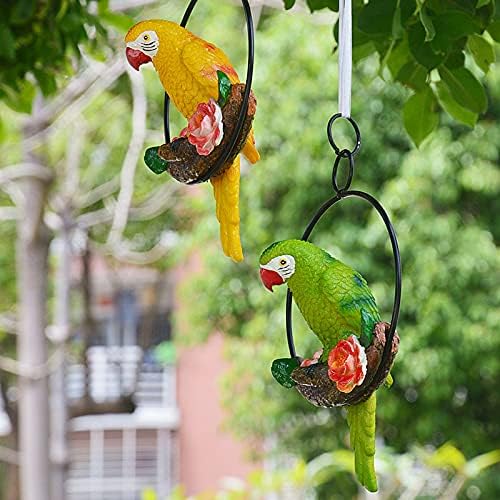 Mini Garden Statues Hanging Iron Ring Parrots, Resin Parrot Hanging Statue, Hanging Birds Figurine for Pathways Yard Patio Office Home Indoor Outdoor Tree Decorations (A-3)