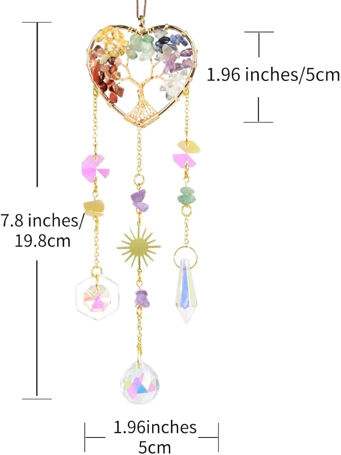 Crystal Sun Catcher, Heart 7 Chakra Tree of Life Crystal Suncatcher Hanging for Indoor Window, Dream Catchers for Car, Spiritual, Rainbow Maker