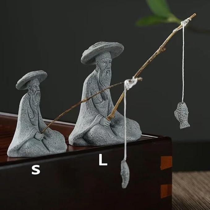livelyfish Mini Fisherman Statue Asian Zen Decoration Sitting Fishing Figurines Sandstone Vintage Ornament for Aquarium Fish Tank Pot Garden Home Japanese Decor (B2)
