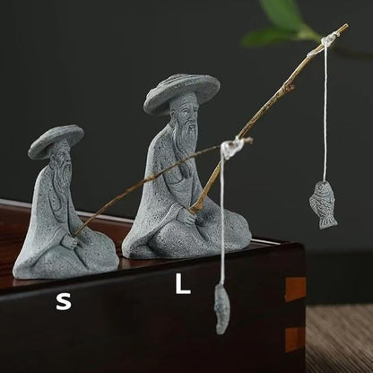 livelyfish Mini Fisherman Statue Asian Zen Decoration Sitting Fishing Figurines Sandstone Vintage Ornament for Aquarium Fish Tank Pot Garden Home Japanese Decor (B2)