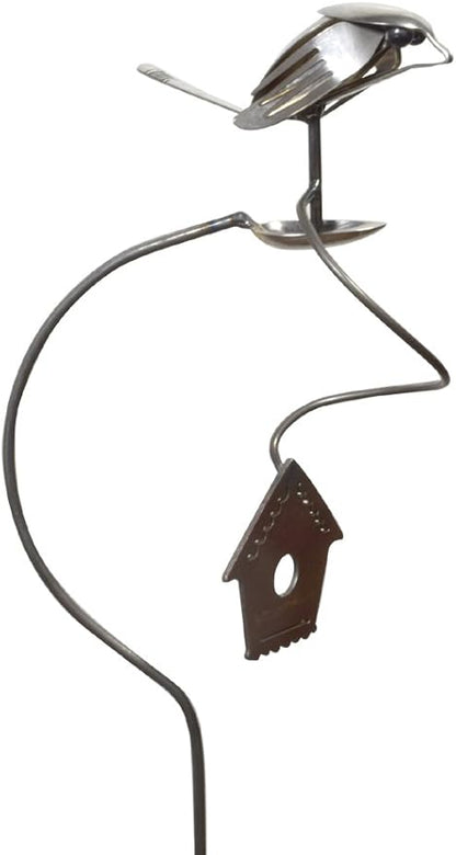 American Made Flatware Finch Balancing Garden Stake and Upcycled Utensil Sculpture
