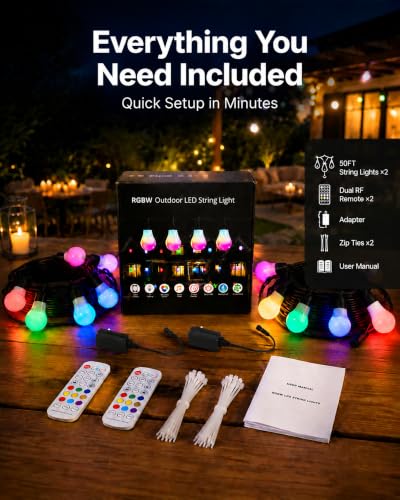 27FT RGBW Outdoor String Lights - Shatterproof Dimmable