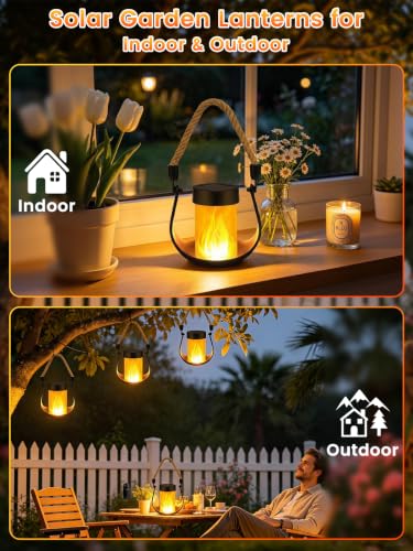 Solar Lanterns 2 Pack - Waterproof Flickering Flame