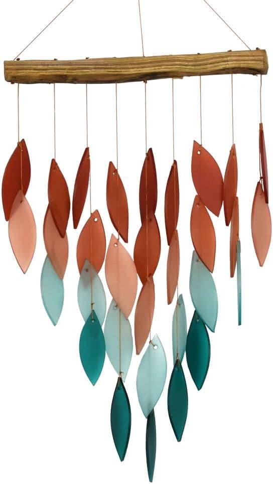 Blue Handworks Coral Ombre Waterfall Glass and Driftwood Chime, Sandblasted Glass and Found Wood Handcrafted Wind Chime