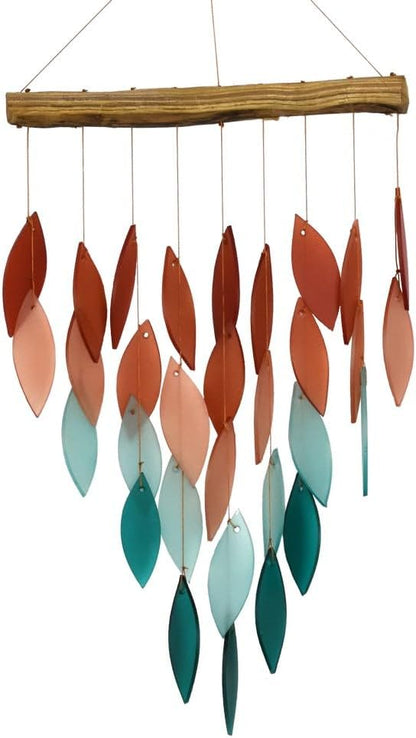 Blue Handworks Coral Ombre Waterfall Glass and Driftwood Chime, Sandblasted Glass and Found Wood Handcrafted Wind Chime