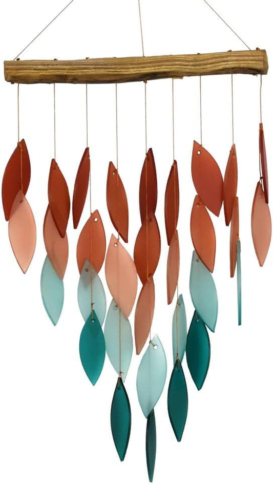 Blue Handworks Coral Ombre Waterfall Glass and Driftwood Chime, Sandblasted Glass and Found Wood Handcrafted Wind Chime