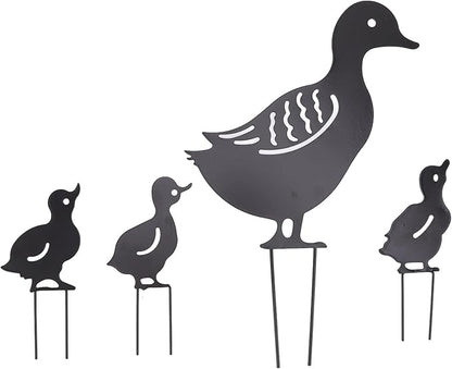 4 PCS Lifelike Duck Garden Sculptures,Cute Metal Duck Statues for Outdoor,Simulation Duck Metal Pile for Garden Courtyard Park Lawn Decoration