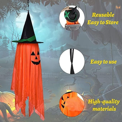 Halloween Decorations, 2 Pack Orange Pumpkin Wizard Hat Pre-Installed Pumpkin Ghost Ghosts Witch Hanging Ornaments Decor for Home Party Garden Indoor Outdoor