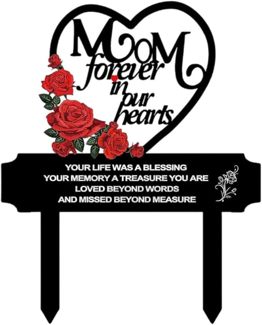 AIM & GGKK Metal Memorial Grave Marker for Mom - Heart Shaped Cemetery Decoration with Roses, Forever in Our Hearts Verse - 12.2" Tall Garden Stake for Gravesite