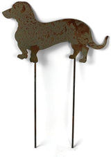 Pets and Farm Animals Metal Garden Landscape Stake (15" Wide Wiener Dog on Two Short Stakes, Naturally Rusted)
