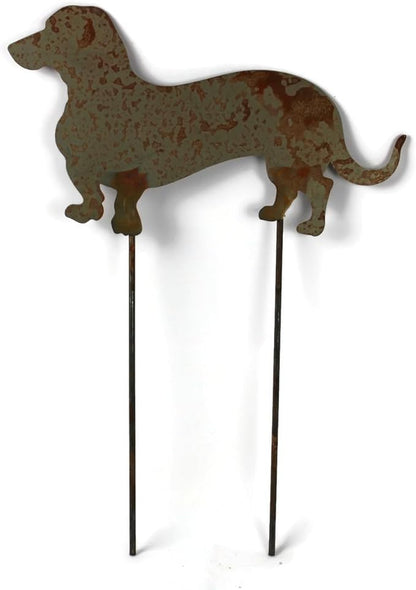 Pets and Farm Animals Metal Garden Landscape Stake (15" Wide Wiener Dog on Two Short Stakes, Naturally Rusted)