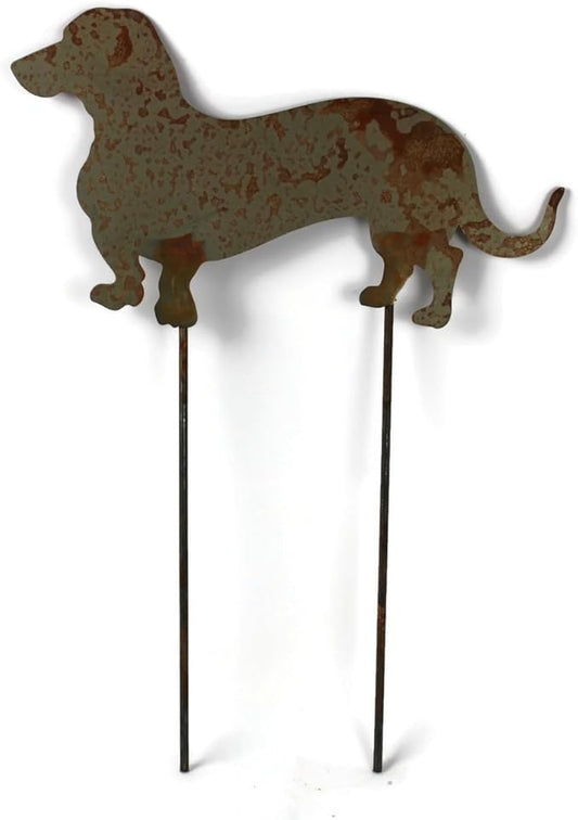Pets and Farm Animals Metal Garden Landscape Stake (15" Wide Wiener Dog on Two Short Stakes, Naturally Rusted)