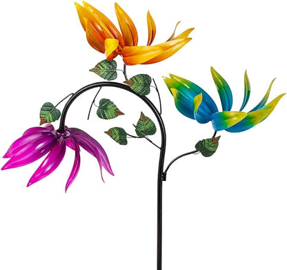 24" Large Wind Spinner Outdoor - Heavy Duty Multi Colored Flowers Wind Sculpture with Metal Stake, Three Flower Design Pinwheels for Yard and Garden Decor