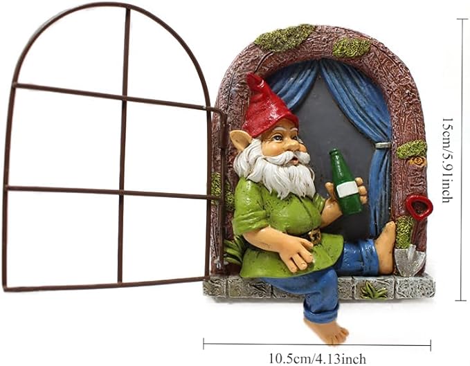 Funny Garden Gnome Accessories Tree Hugger Statue Gnome Dringking Beer by Window, Fairy Garden Decoration, Whimsical Tree Sculpture Peeker, Patio Yard Lawn Porch Decoration,Christmas New Year Gift