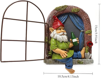 Funny Garden Gnome Accessories Tree Hugger Statue Gnome Dringking Beer by Window, Fairy Garden Decoration, Whimsical Tree Sculpture Peeker, Patio Yard Lawn Porch Decoration,Christmas New Year Gift