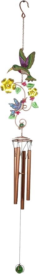 Ebros Gift Birds of Nature Hummingbird Hovering Nectar Flowers Art Glass Gemstones and Metal Resonant Wind Chime 32" High Copper Rods Hanging Mobile Home Patio Garden Decor
