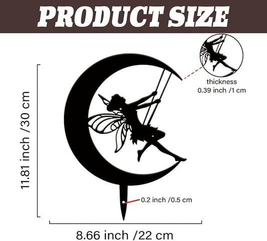 SUPERDANT Fairy Garden Decor Moon Swing Black Silhouette Outdoor Lawn Pots Decor Elves Metal Garden Stakes Decorative Metal Yard Art for Yard Patio Trees Gift for Gardeners Mother's Day