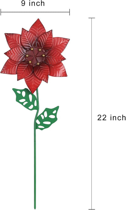 YEAHOME Outdoor Christmas Decorations, Set of 2 Poinsettia Flower Decorative Garden Stakes for Christmas Decor, Metal Red Flowers Xmas Decorations for Outside Garden Yard Lawn Porch