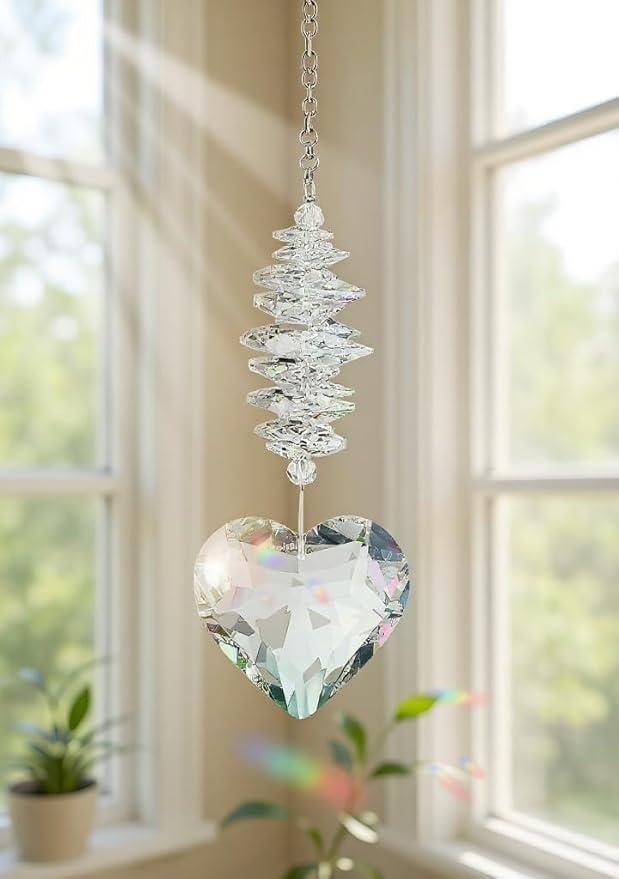 45mm Heart-Shaped Glass Hanging Crystal. Rainbow Maker. Garden Home Decor Glass. Mother's Day Heart Ornament. Wedding Anniversary Decoration. Gift for Women, Mothers, and Children.