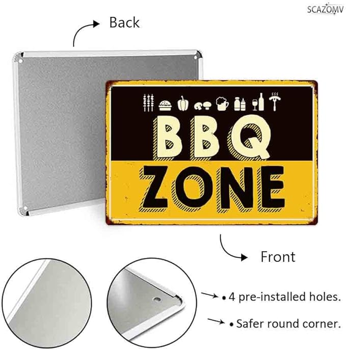 SCAZOMV BBQ Zone Vintage Retro Tin Sign Outdoor Sign Bar Wall Decor Outdoor Pool Backyard Signs 8"X12"