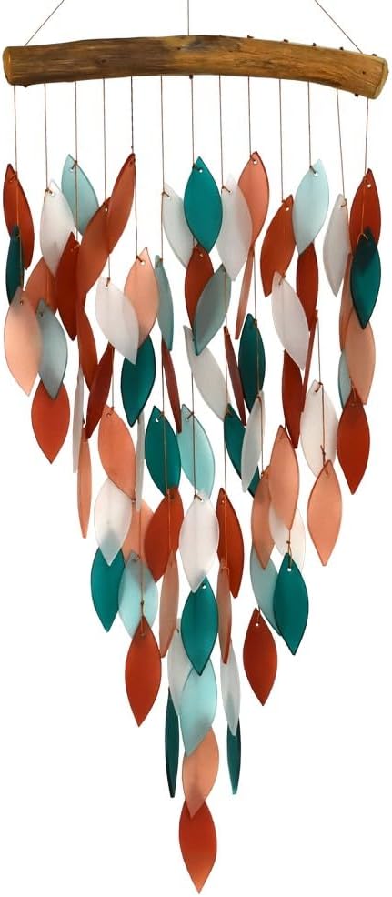 Blue Handworks Deluxe Coral & Teal Waterfall & Driftwood Chime, Sandblasted Glass and Found Wood Handcrafted Wind Chime