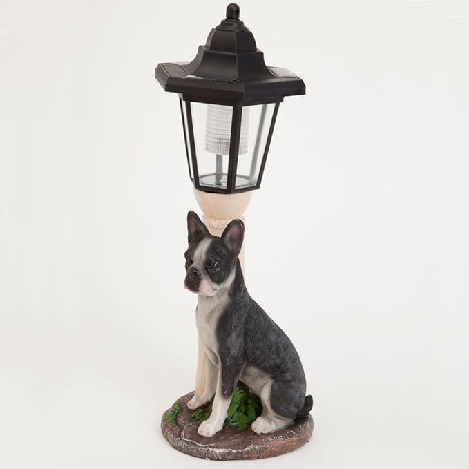 Bits and Pieces - Solar Dog Lantern-Solar Powered Garden Lantern - Resin Dog Sculpture with LED Light (Boston Terrier) - 13.5" Tall