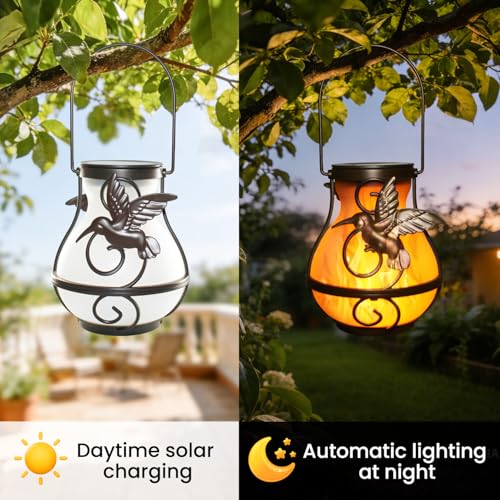 2-Pack Solar Hummingbird Lanterns - Flame Effect Waterproof