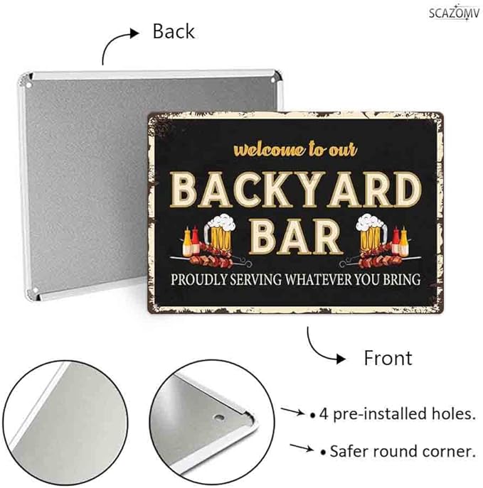SCAZOMV Welcome To Our Backyard Bar & Grill Metal Sign Outdoor Pool Backyard Bar Signs 12"X8" Tin Sign