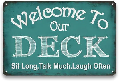 Welcome to Our Deck Sign for Outside - Deck Signs and Decor Outdoor, Vintage Metal Sign for Garden, Pool, Backyard, Patio, Outdoor Decor Wall Art Accessories, 12 x 8 inch