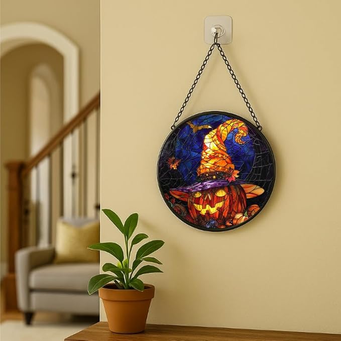 Stained Glass Window Hanging - 11.8in Halloween Pumpkin with Witch Hat and Autumn Leaves Sun Catchers Panel for Indoor Decorative Display for Mom, Wife, Lovers, Festive