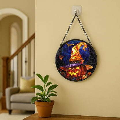Stained Glass Window Hanging - 9.8in Halloween Pumpkin with Witch Hat and Autumn Leaves Sun Catchers Panel for Indoor Decorative Display for Mom, Wife, Lovers, Festive