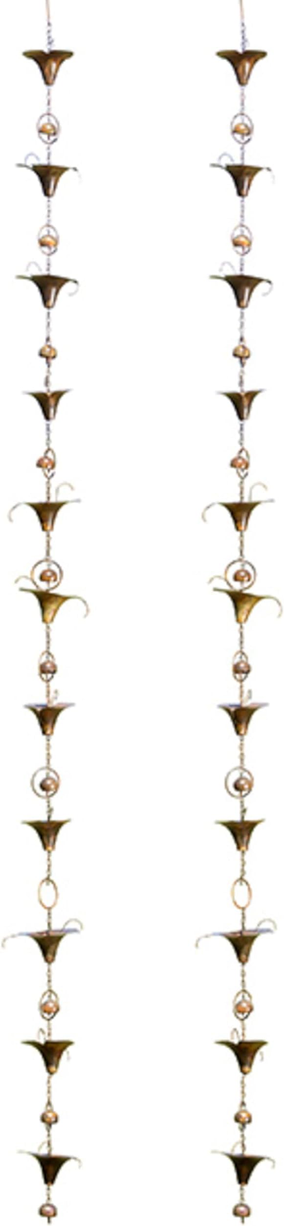 Ancient Graffiti Calla Lilies and Bells Rain Chains, Set of 2 Flamed Copper Colored Steel Downspout Replacements with Gutter Clips, 98 Inch Decorative Rain Catchers