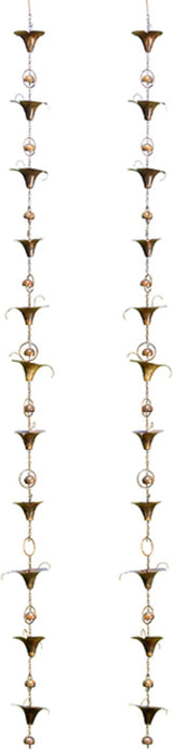 Ancient Graffiti Calla Lilies and Bells Rain Chains, Set of 2 Flamed Copper Colored Steel Downspout Replacements with Gutter Clips, 98 Inch Decorative Rain Catchers
