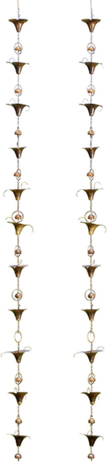 Ancient Graffiti Calla Lilies and Bells Rain Chains, Set of 2 Flamed Copper Colored Steel Downspout Replacements with Gutter Clips, 98 Inch Decorative Rain Catchers