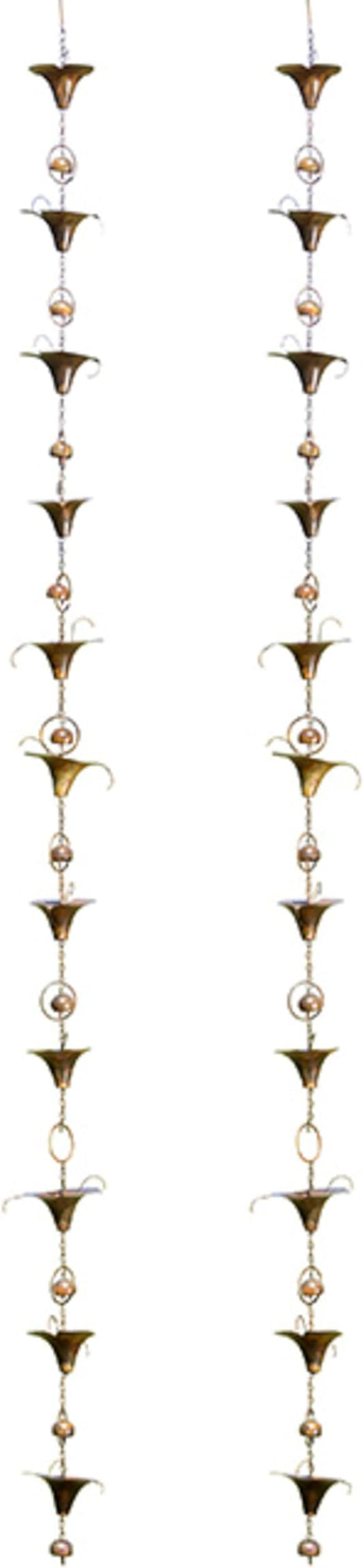 Ancient Graffiti Calla Lilies and Bells Rain Chains, Set of 2 Flamed Copper Colored Steel Downspout Replacements with Gutter Clips, 98 Inch Decorative Rain Catchers