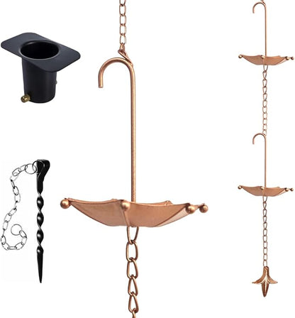 8.5FT Rain Chains with 10 Umbrella Rain Chain Cups, Rain Catcher for Gutters, Decorative Copper Rainwater Diverter Rain Chimes for Garden Decor, Replacement for Outside Gutter Downspouts in Spring