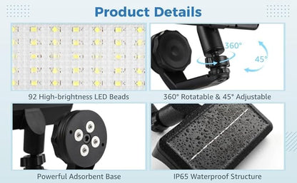 OMISTAR Metal-gipping Outdoor Solar Light, 92 LEDs Motion Sensor Solar Wall Lamp, IP65 Waterproof Balcony Patio Security Light, Adjustable Wall-Mount Fence RV Lighting