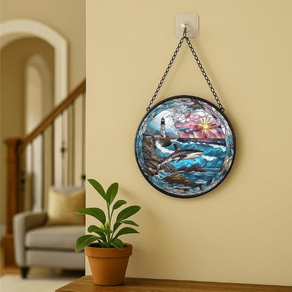 Stained Glass Window Hanging - Sunset Ocean Whale Sun Catchers Indoor Stained Glass Panels Wall Decor for Mom, Wife, Lovers, Festive
