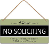 SCAZOMV Please No Soliciting Family Friends Neighbors Deliveries Welcome Thank You Funny Rustic Wood Front Door Sign Vintage Wall Art Hanging Plaque Porch Yard Home Farmhouse Decor 10''x 5''
