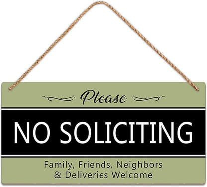 SCAZOMV Please No Soliciting Family Friends Neighbors Deliveries Welcome Thank You Funny Rustic Wood Front Door Sign Vintage Wall Art Hanging Plaque Porch Yard Home Farmhouse Decor 10''x 5''