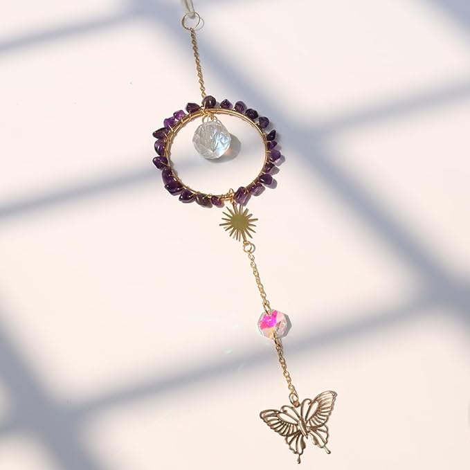 Natural Amethyst Crystal Suncatcher, Sun Catcher Hanging for Car, Butterfly Suncatchers for Windows，Spiritual, Rainbow Maker, Home Decor