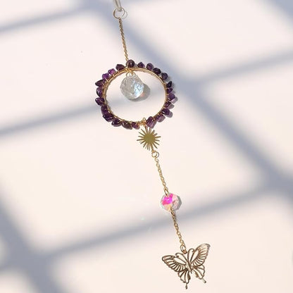 Natural Amethyst Crystal Suncatcher, Sun Catcher Hanging for Car, Butterfly Suncatchers for Windows，Spiritual, Rainbow Maker, Home Decor