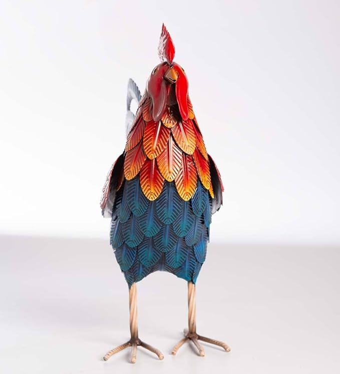 Wind & Weather Colorful Iron Rooster Garden Statue 14.5" W by 16" H by 6" D Rooster Statue for Garden, Patio, Porch, or Kitchen with Textured Feathers and Powder Coat Finish for Long-Lasting Color