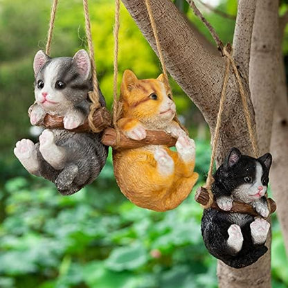 HYFAN Resin Cute Swing Small Cat Sculpture Outdoor Garden Home Office Room Hanging Decor Statue Figurine Pet Ornament Decoration with String (Orange)