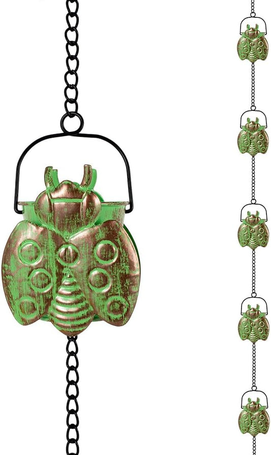 dreamysoul Rain Chains with 12 Ladybug Cups, 10.27FT Bronze Decorative Rain Catcher Chains for Downspout Gutters, Eaves Drainage, Outside