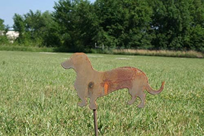 Pets and Farm Animals Metal Garden Landscape Stake (9.25" Wide Wiener Dog on Stake, Naturally Rusted)