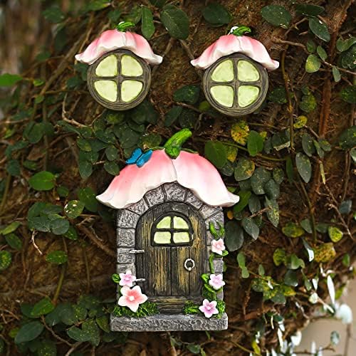 vomiceak Fairy Gnome Home for Tree Decor，Glow in Dark Fairy House Have Window and Door for Garden Decoration，Fairies Sleeping Door and Windows, Yard Art Garden Sculpture, Lawn Ornament