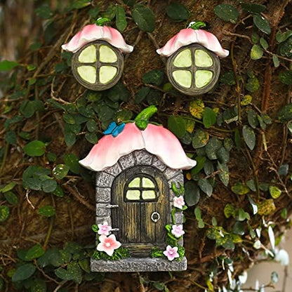 vomiceak Fairy Gnome Home for Tree Decor，Glow in Dark Fairy House Have Window and Door for Garden Decoration，Fairies Sleeping Door and Windows, Yard Art Garden Sculpture, Lawn Ornament
