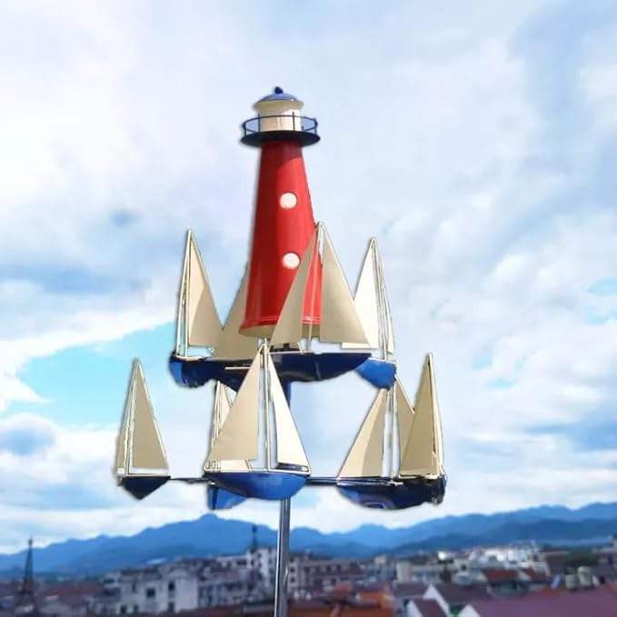 Kinetic Art Wind Sculpture - Summer Lighthouse Sailboat Windmills, Nautical Art Garden Windmills, Large Metal Sailboat Wind Spinners Decor for Outdoor Yard and Garden (1pc)